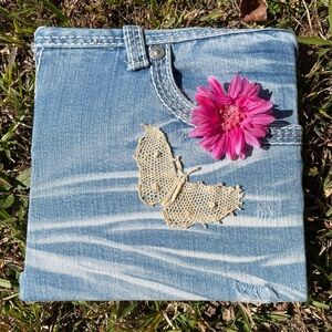 Denim wall hanging - doily butterfly and pink flower.